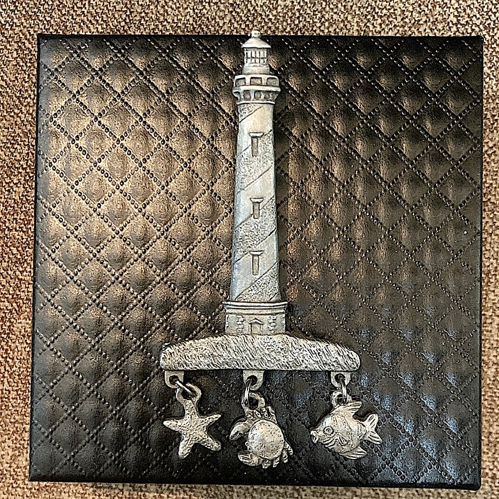Pewter lighthouse brooch 3" fish crab starfish dangles